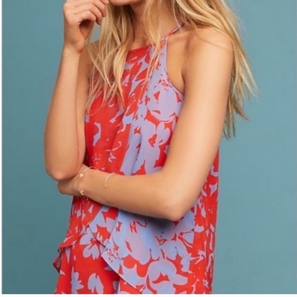 Anthropologie Maeve Red & Lavender Floral Flowy Halter Camisole, Small